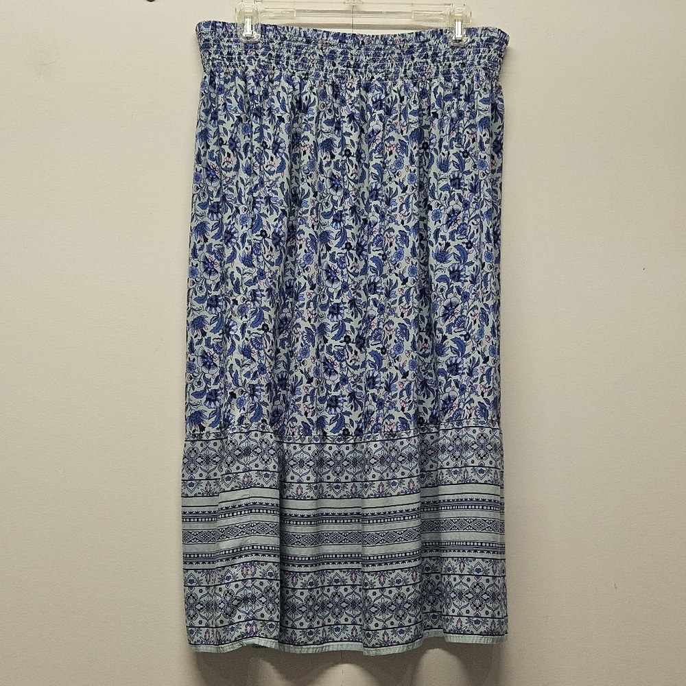 J. Jill Blue Floral Smocked Waist Rayon Midi Skirt Large Petite Easter Cottage - Picture 1 of 10